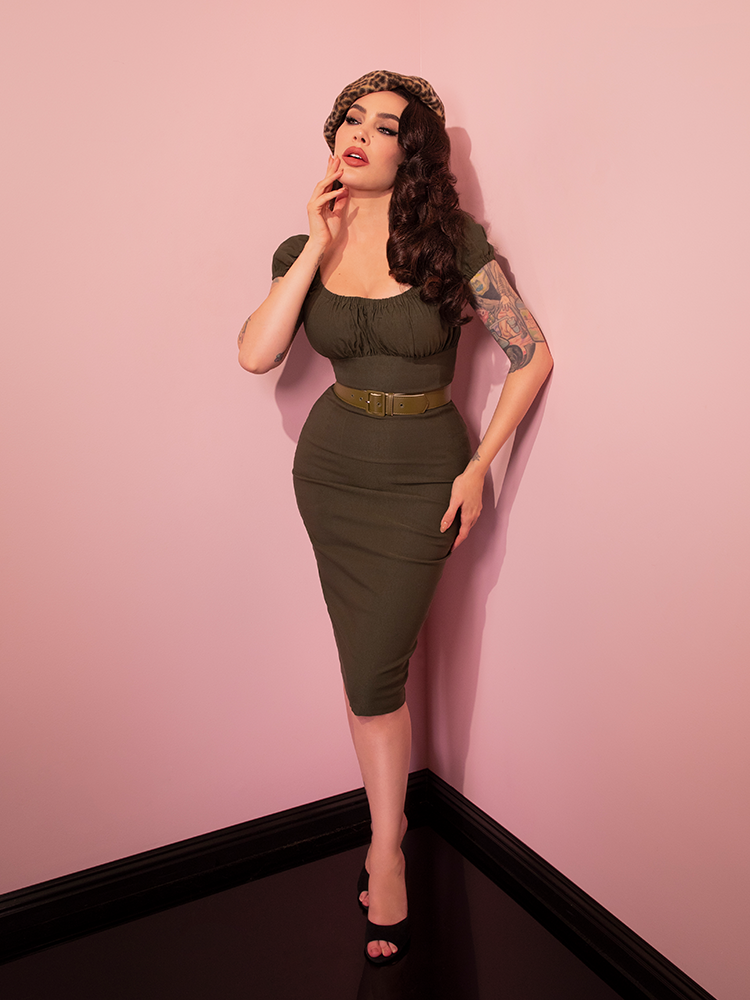 Peasant Wiggle Dress in Olive Green - Vixen by Micheline Pitt