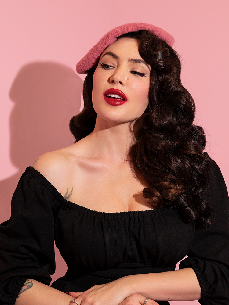The Vintage Style Beret in Rose Pink worn by Micheline Pitt.