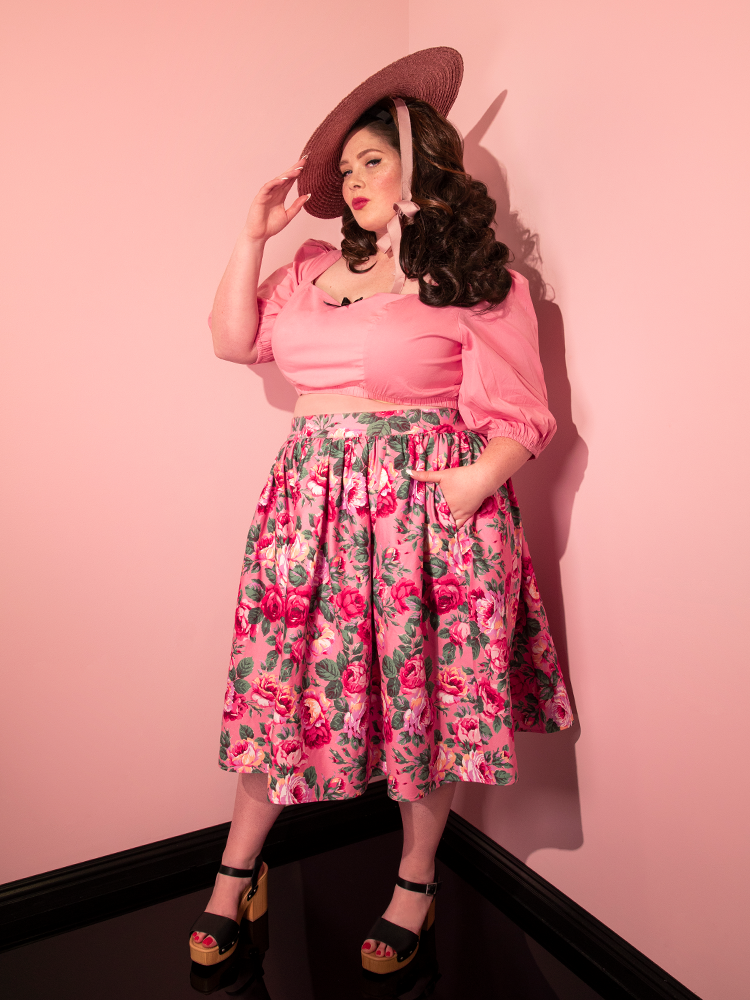 FINAL SALE - Vixen Swing Skirt in Pink Rose Print - Vixen by Micheline Pitt