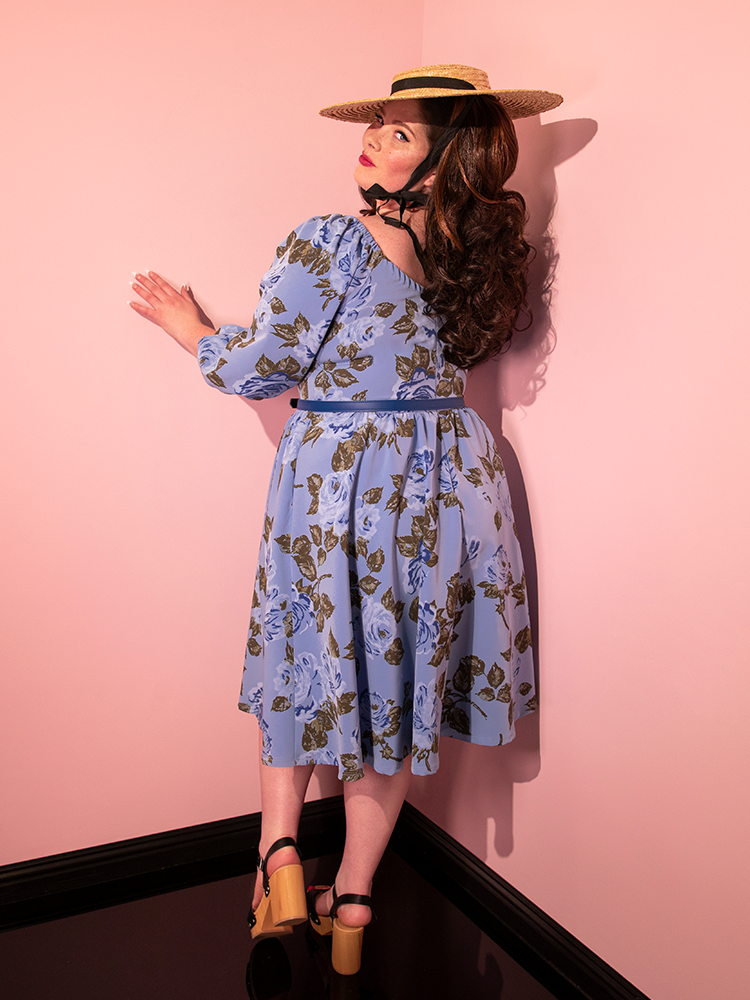 Vacation Dress in Sunset Blue Roses - Vixen by Micheline Pitt
