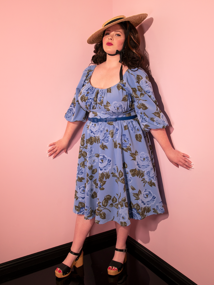Vacation Dress in Sunset Blue Roses - Vixen by Micheline Pitt