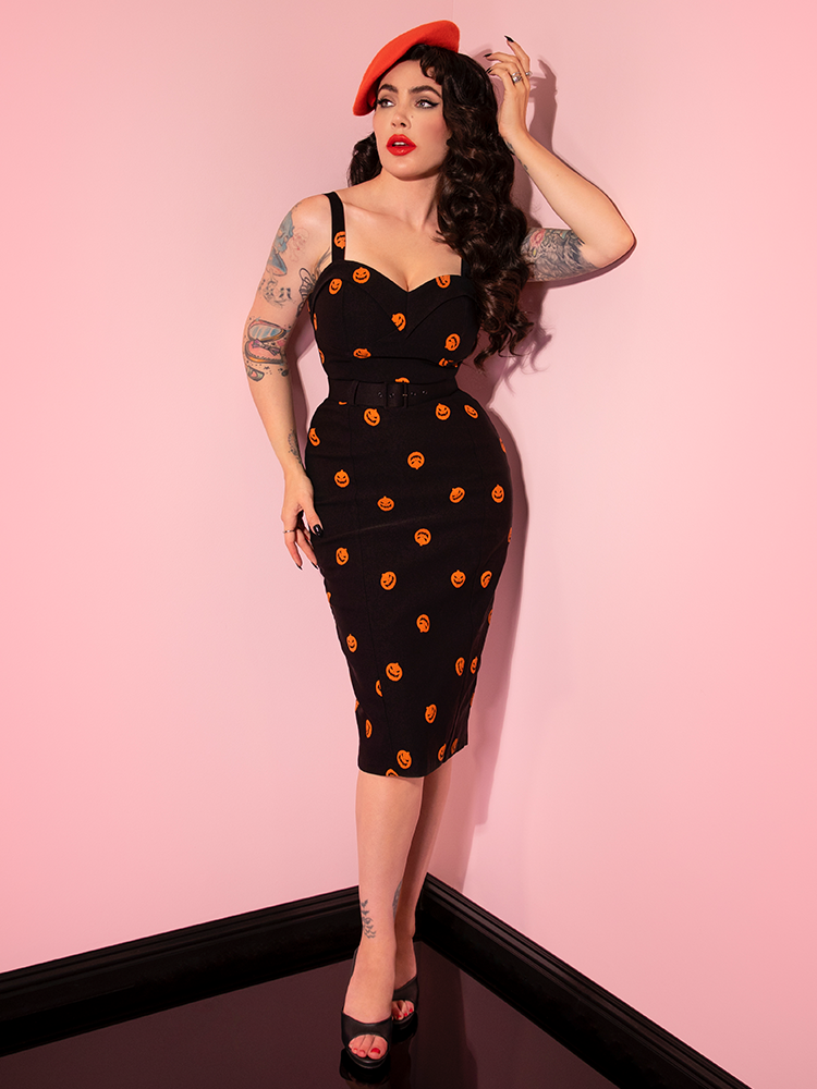 The Pumpkin King Maneater Wiggle Dress in Black from retro dress company Vixen Clothing.