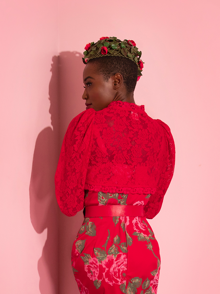 The back of the Vixen Vintage Lace Bolero in Classic Red from retro clothing brand Vixen Clothing.