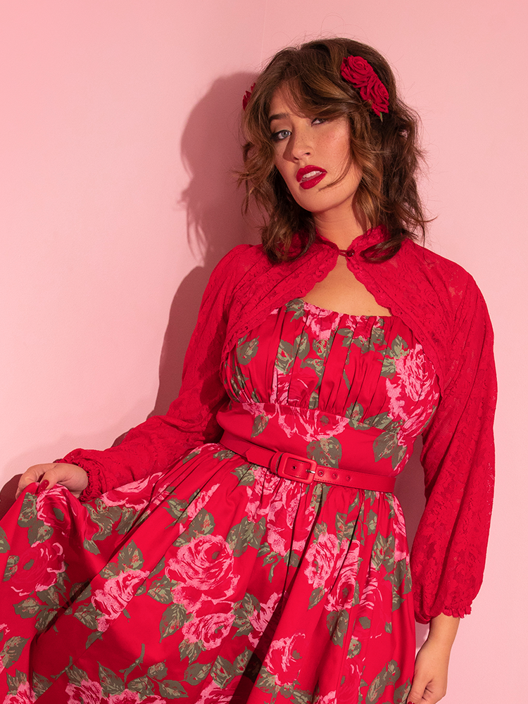 The Vixen Vintage Lace Bolero in Classic Red as worn by Francesca from retro style clothing brand Vixen Clothing.