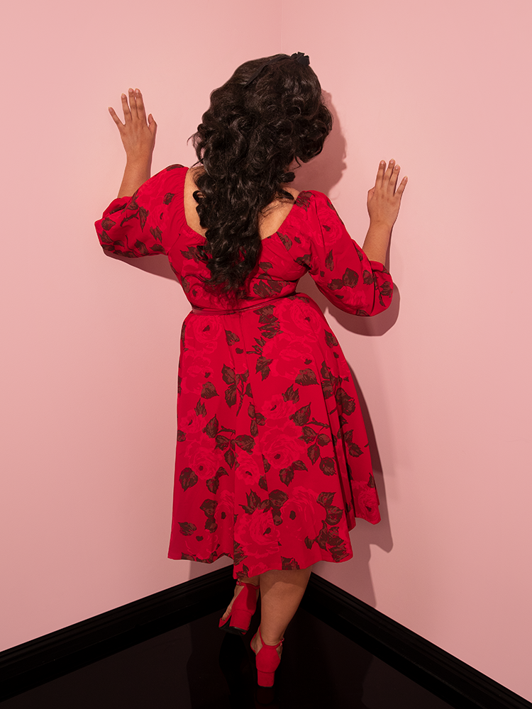 The back of the Vacation Dress in Vintage Red Rose Print from Vixen Clothing.