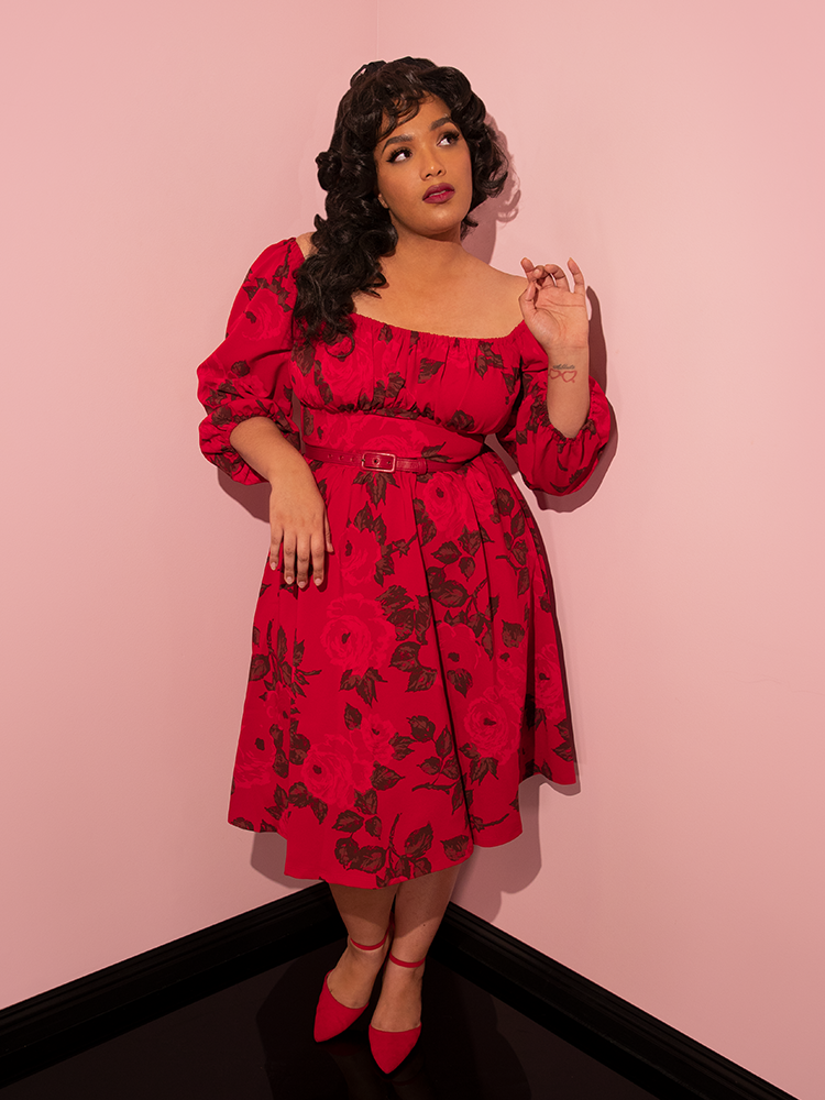 The Vacation Dress in Vintage Red Rose Print from Vixen Clothing.