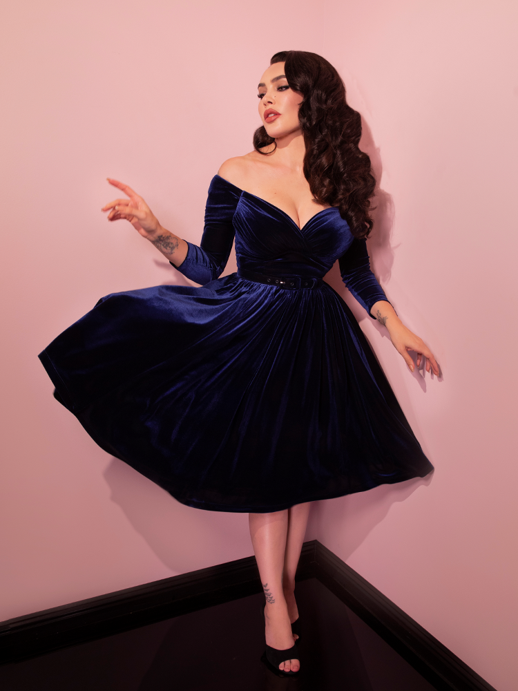Starlet Swing Dress in Navy Velvet - Vixen by Micheline Pitt