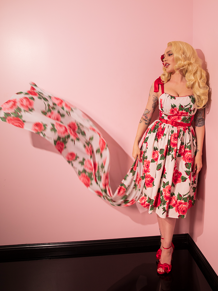 PRE-ORDER - 1950s Swing Sundress and Scarf in Red Vintage Roses - Vixen by Micheline Pitt
