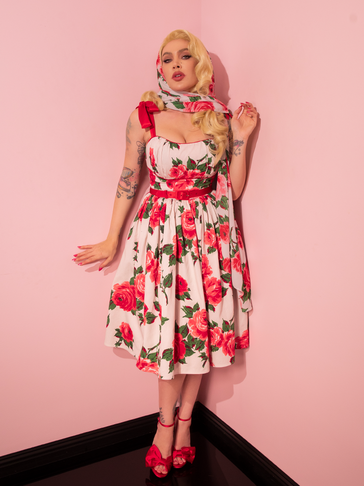 PRE-ORDER - 1950s Swing Sundress and Scarf in Red Vintage Roses - Vixen by Micheline Pitt
