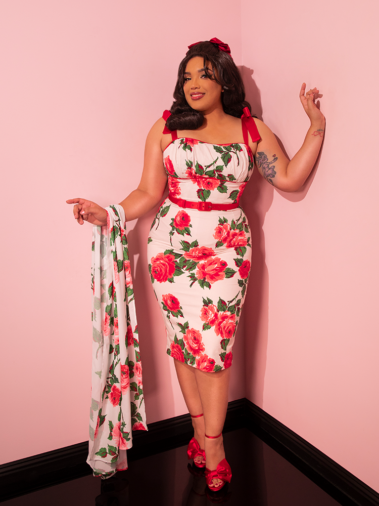 PRE-ORDER - 1950s Wiggle Sundress and Scarf in Red Vintage Roses - Vixen by Micheline Pitt
