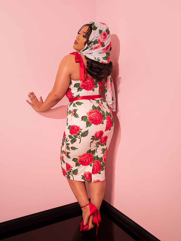 COMING BACK SOON - 1950s Wiggle Sundress and Scarf in Red Vintage Roses - Vixen by Micheline Pitt