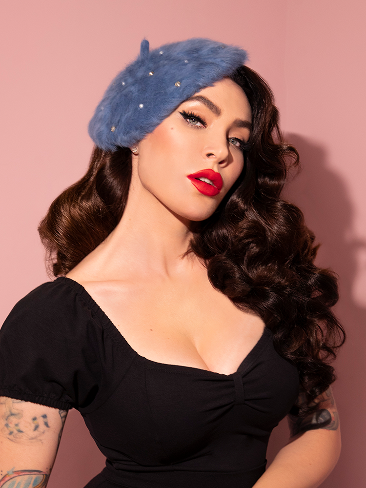 The Vintage Style Beret with Rhinestones in Sunset Blue from retro clothing company Vixen Clothing.