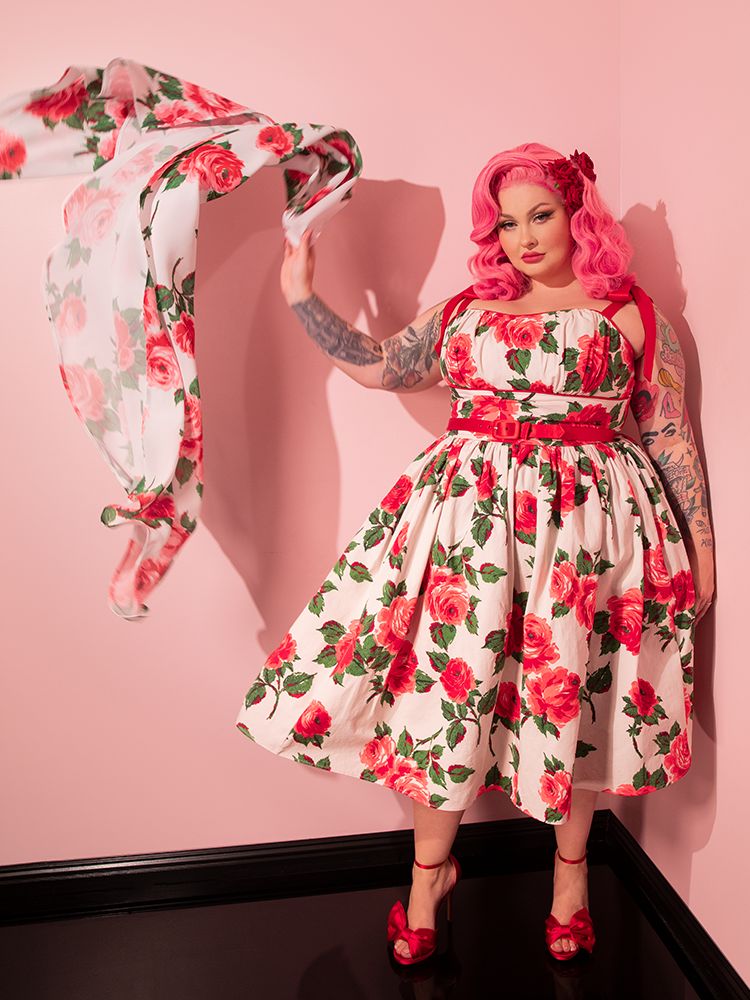COMING BACK SOON - 1950s Swing Sundress and Scarf in Red Vintage Roses - Vixen by Micheline Pitt