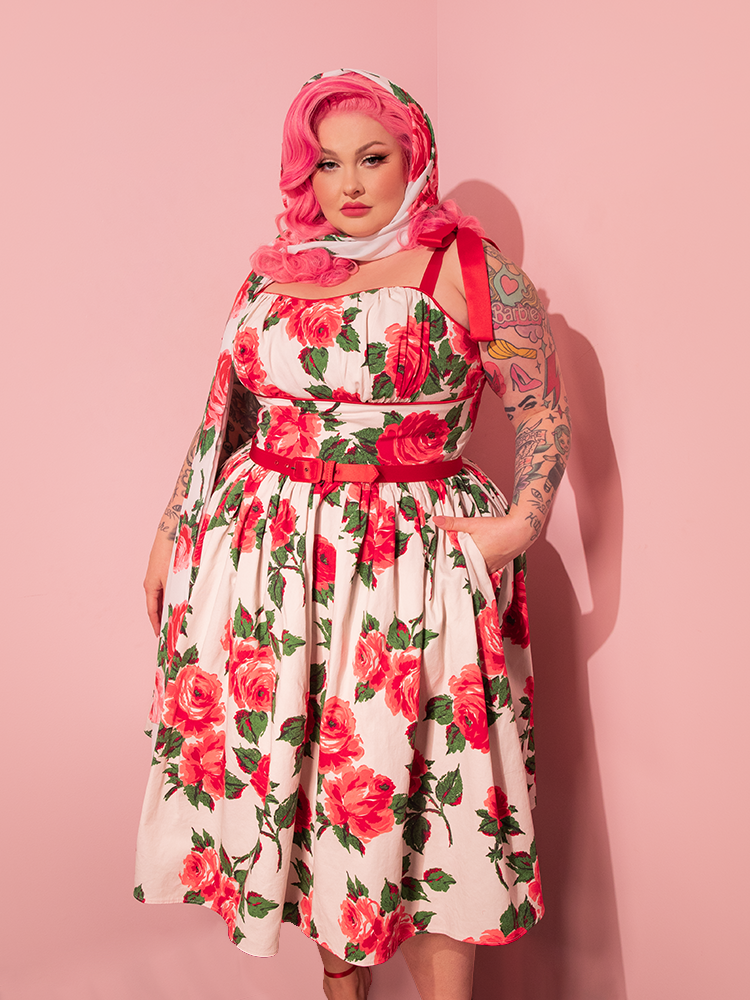 COMING BACK SOON - 1950s Swing Sundress and Scarf in Red Vintage Roses - Vixen by Micheline Pitt