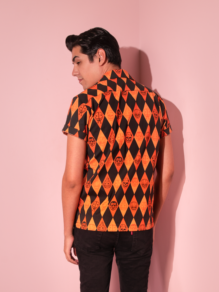 The back of the TRICK R TREAT™ Button Up Shirt in Halloween Harlequin Print from Vixen Clothing.