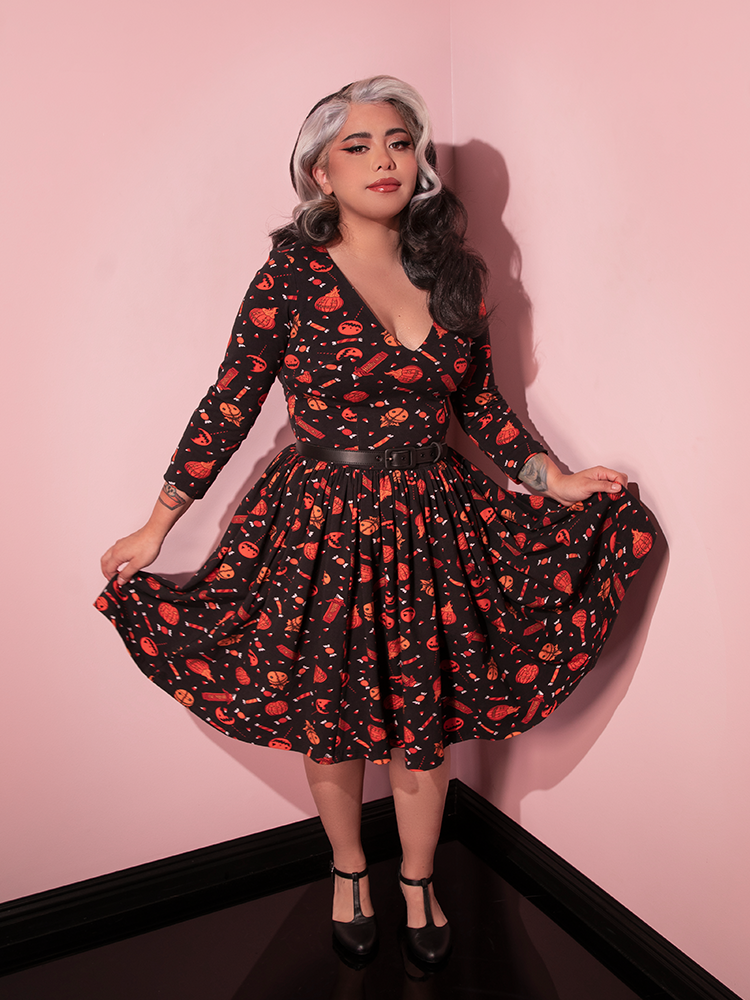 The TRICK R TREAT™ Deadly Swing Dress in Candy Corn Novelty Print from retro dress brand Vixen Clothing.