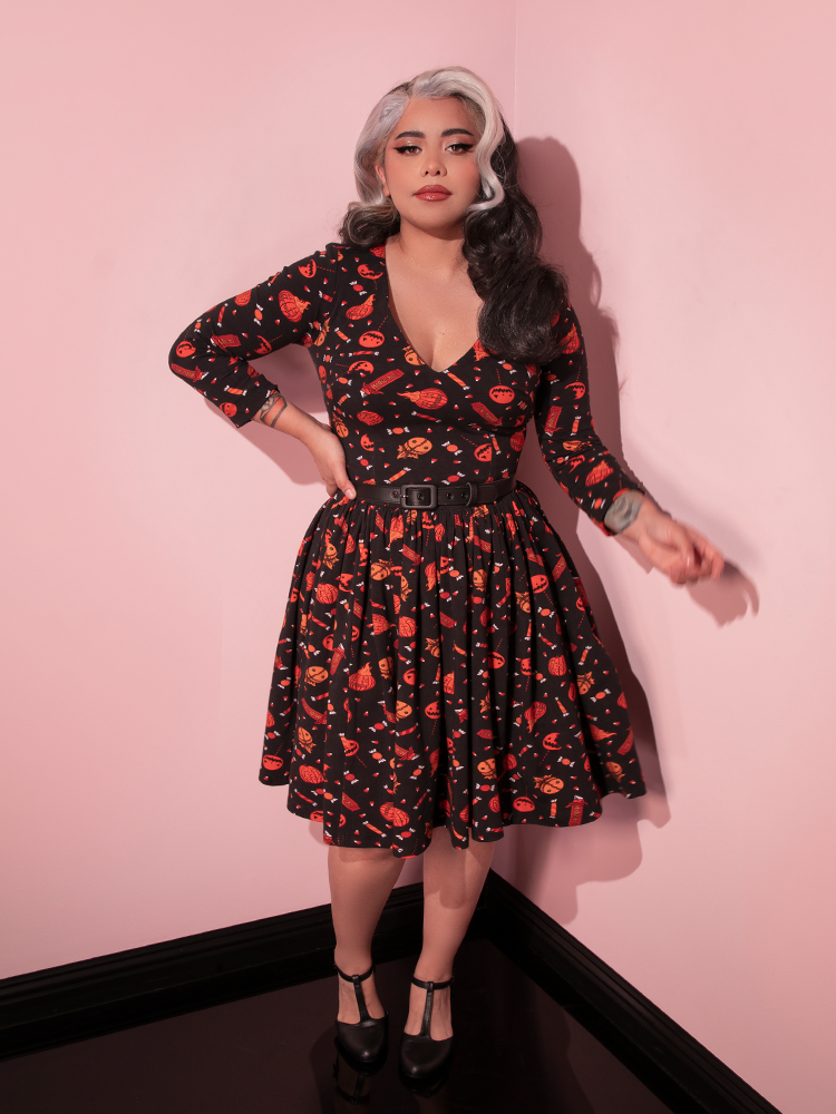 The TRICK R TREAT™ Deadly Swing Dress in Candy Corn Novelty Print.