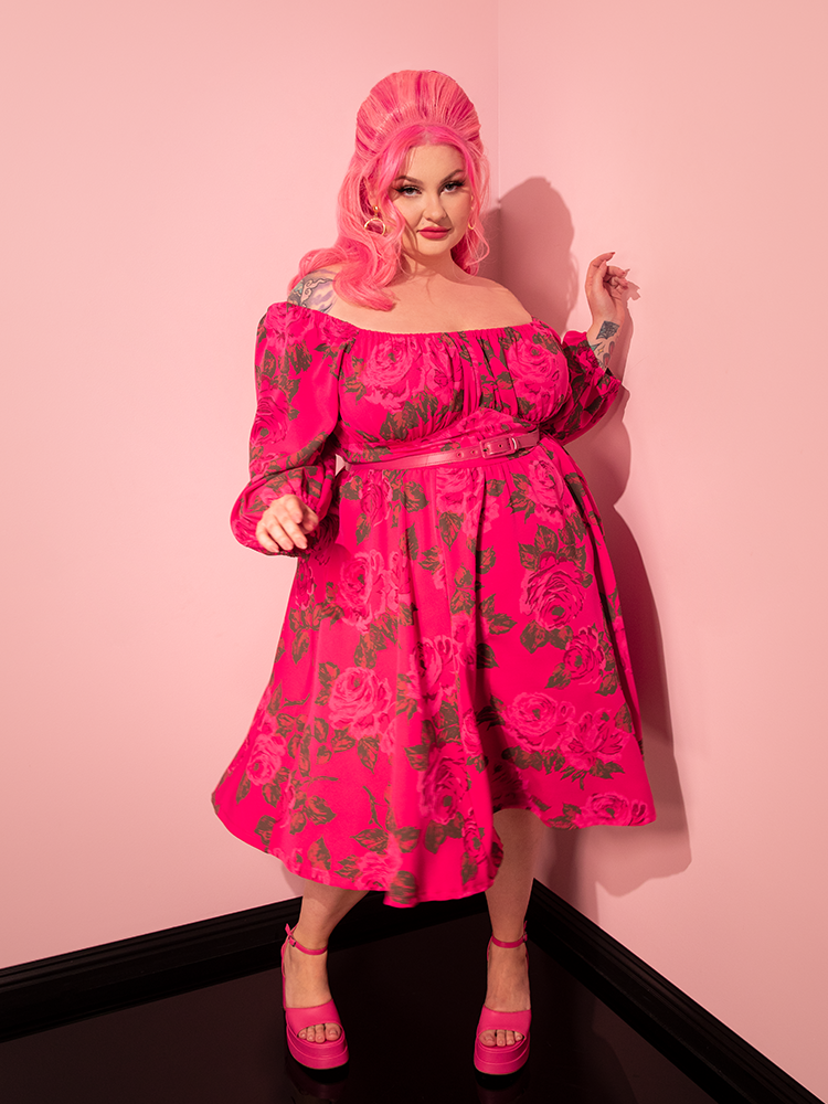 Vacation Dress in Vintage Hot Pink Roses | Retro Dresses Vixen by Micheline Pitt Vacation Dress in Vintage Hot Pink Roses | Retro Dresses Vixen by Micheline Pitt