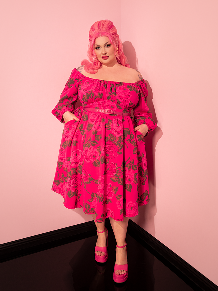 Vacation Dress in Vintage Hot Pink Roses - Vixen by Micheline Pitt