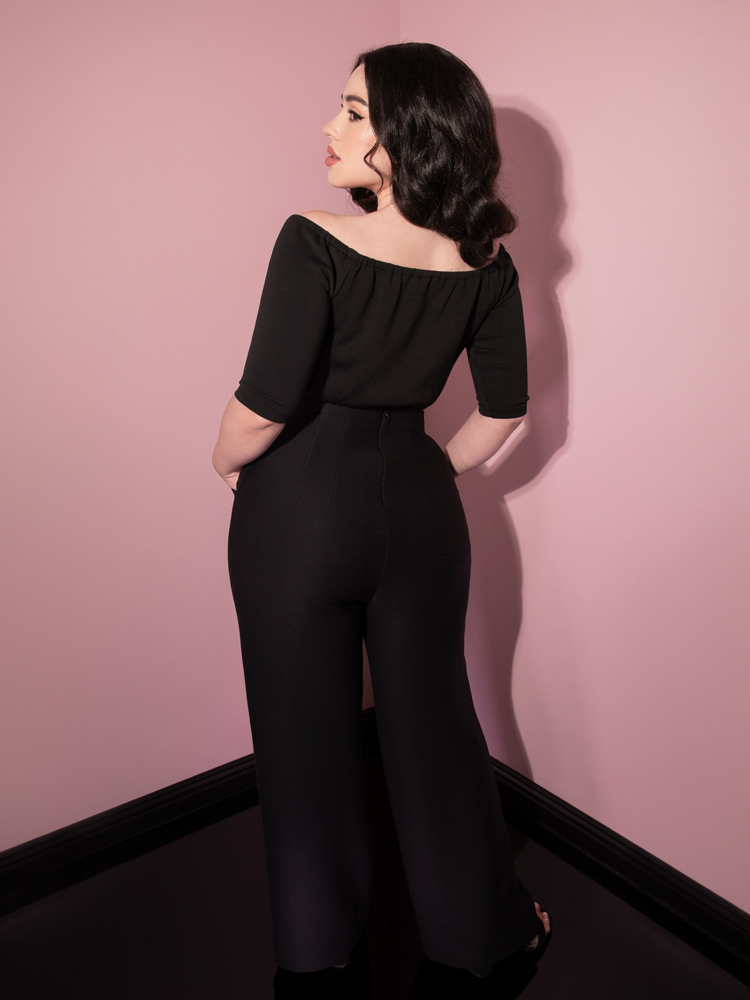 Rachel Sedory wearing the Cozy Lounge Pants in Black from retro clothing brand Vixen Clothing.
