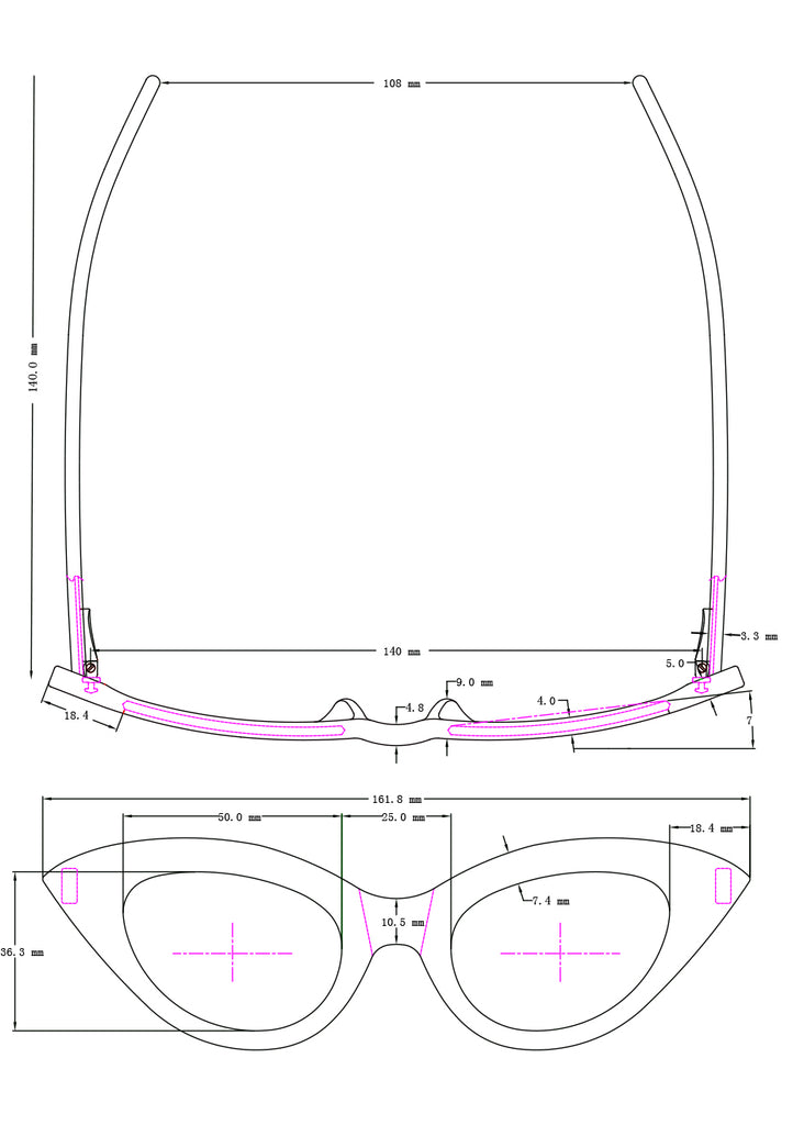 Drawing of measurements of the Fashion Doll sunglasses.